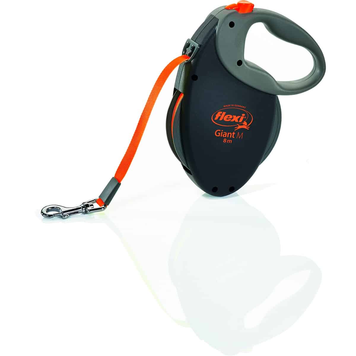 Рулетка-ремень FLEXI Neon GIANT M для собак средних и крупных пород (Вес до 25кг, длина 8м, черно-оранжевая)