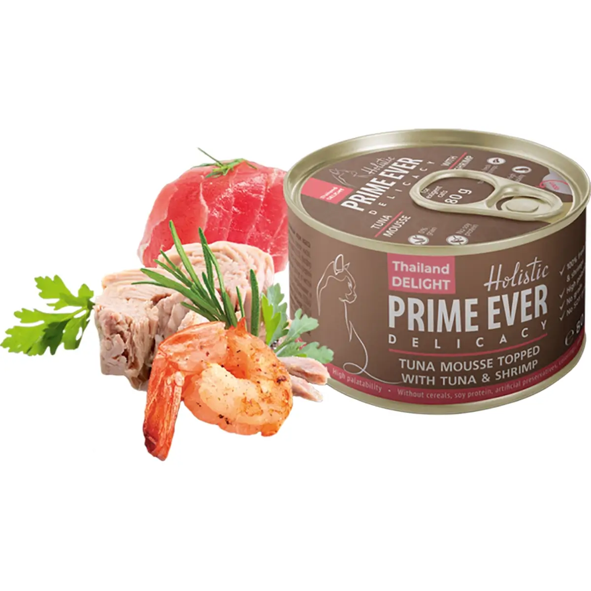 Дополнительное питание Prime Ever Delicacy для кошек (Мусс из тунца с креветками, жестяная банка, 80г)