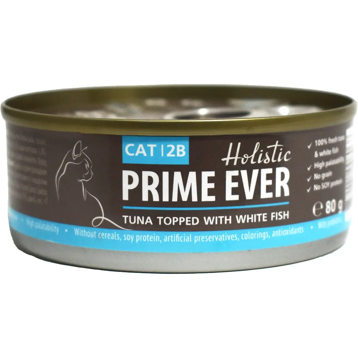 Консервы Prime Ever для кошек (Тунец с белой рыбой, жестяная банка, 80г)