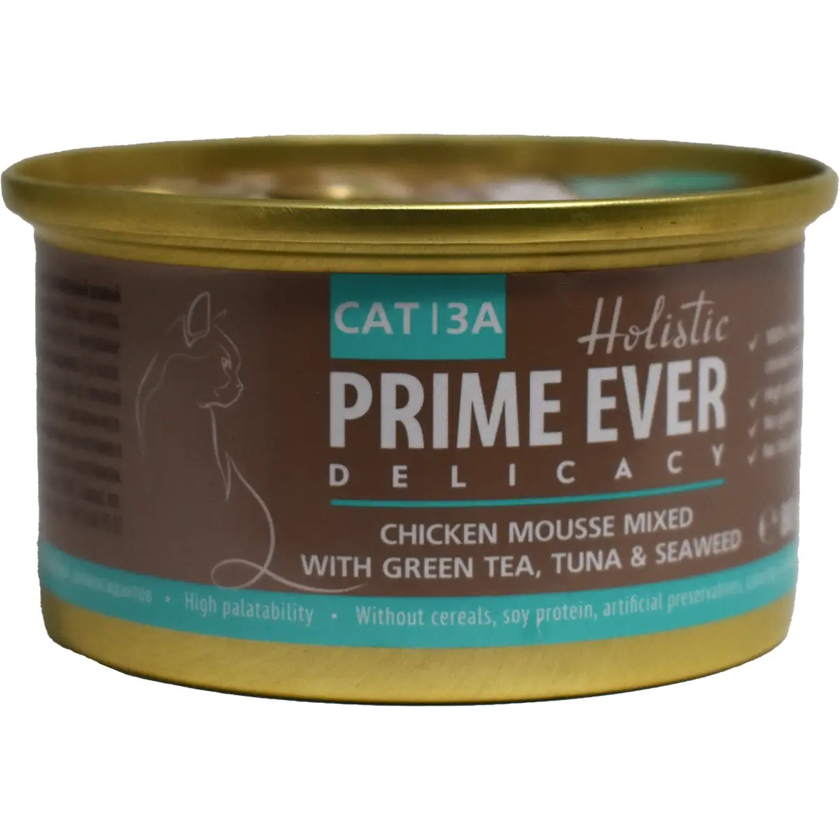 Дополнительное питание Prime Ever Delicacy для кошек (Мусс из цыпленка с зеленым чаем, тунцом и морскими водорослями, жестяная банка, 80г)