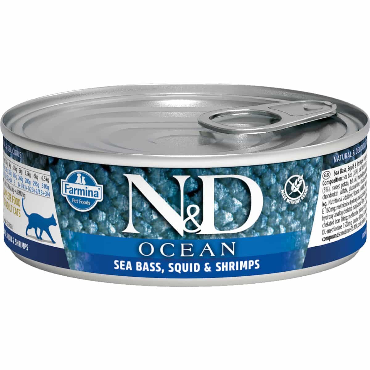 Беззерновые консервы FARMINA N&D OCEAN для взрослых кошек (Сибас с кальмаром и креветками, жестяная банка, 80г)