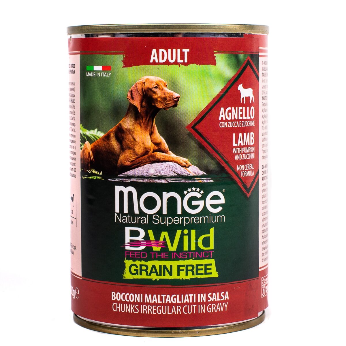 Беззерновые консервы Monge Dog BWild для собак (Из ягненка с тыквой и кабачками, жестяная банка, 400г)