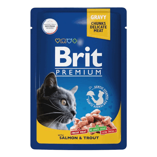 Консервированный корм Brit Premium для кошек (С лососем и форелью в соусе, пауч, 85г)