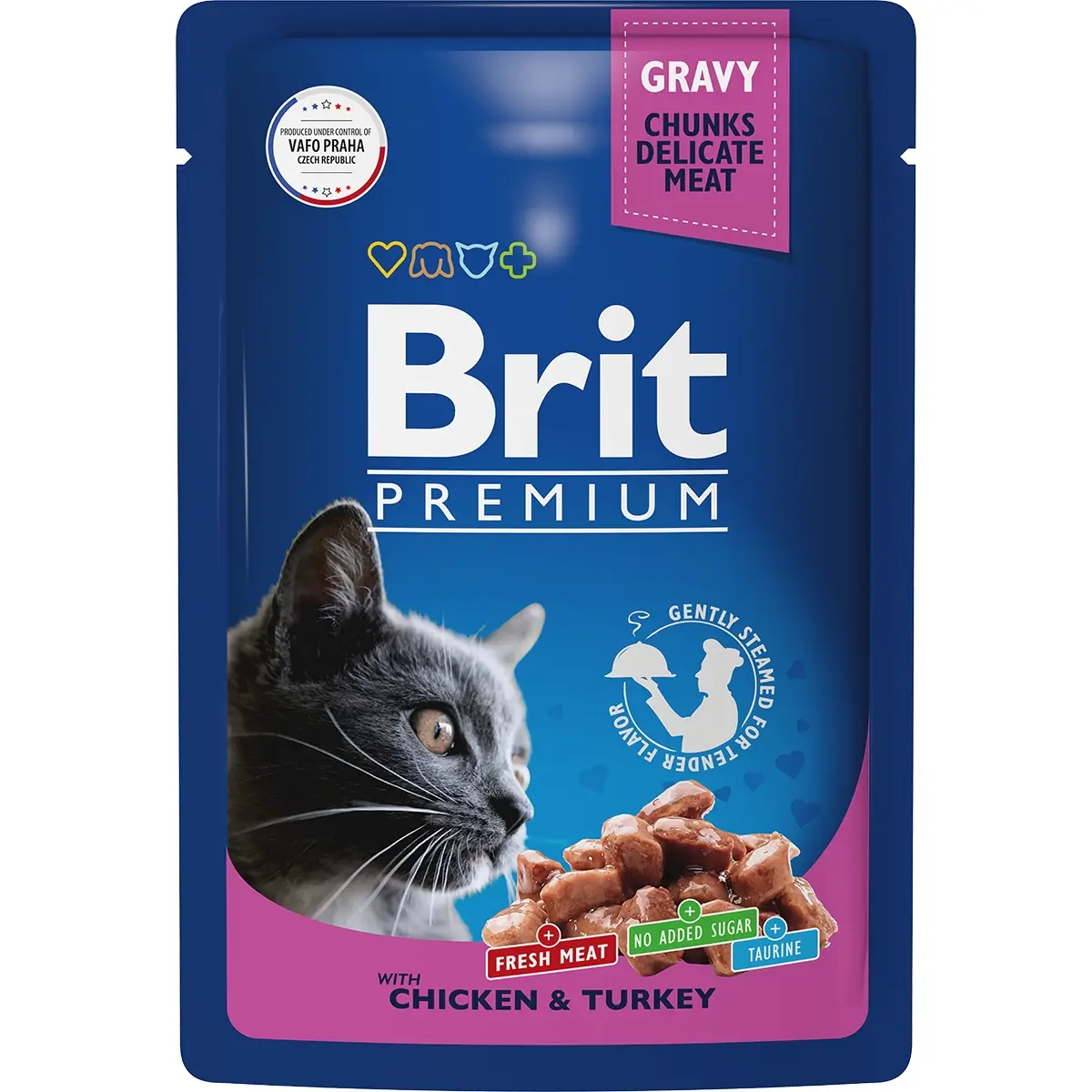 Консервированный корм Brit Premium для кошек (С цыпленком и индейкой в соусе, пауч, 85г)