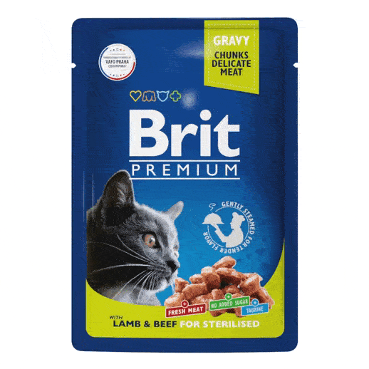 Консервированный корм Brit Premium для стерилизованных кошек (С ягненком и говядиной в соусе, пауч, 85г)