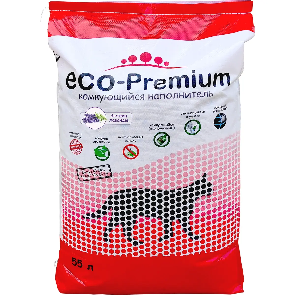 Наполнитель ECO-Premium для кошачьего туалета (Древесный комкующийся с ароматом лаванды, 55л)