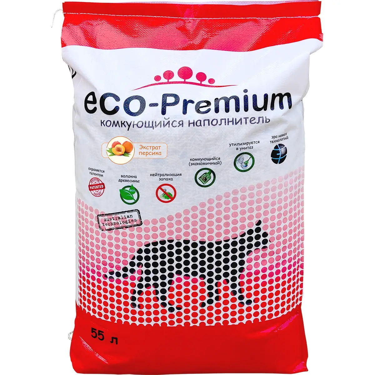 Наполнитель ECO-Premium для кошачьего туалета (Древесный комкующийся с ароматом персика, 55л)