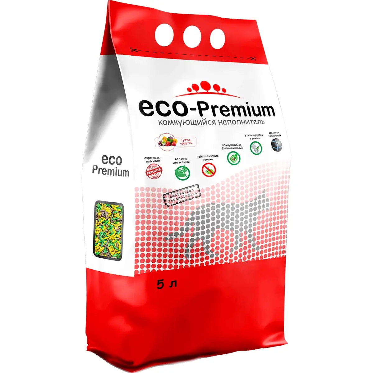 Наполнитель ECO-Premium для кошачьего туалета (Древесный комкующийся с ароматом тутти-фрутти, 5л)