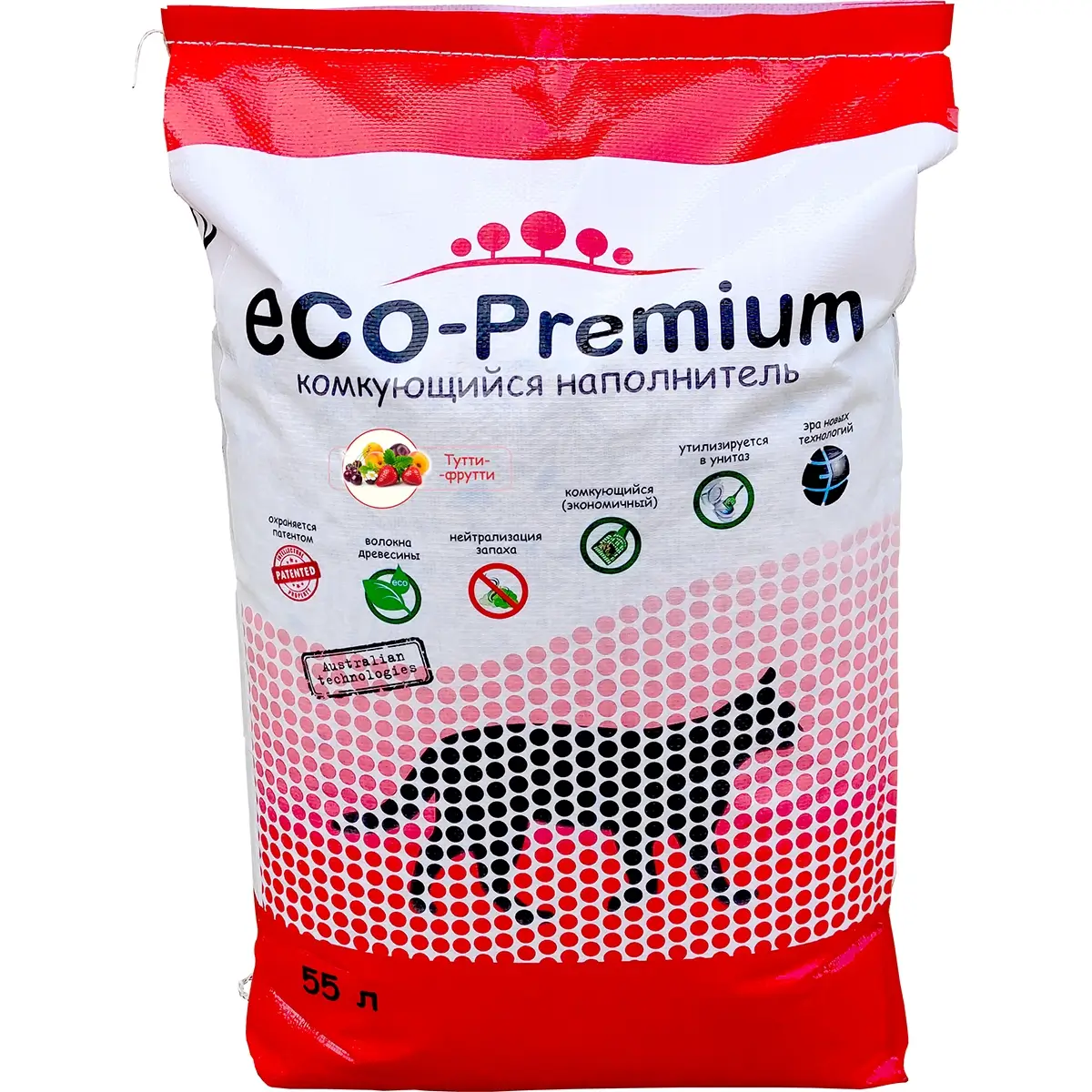 Наполнитель ECO-Premium для кошачьего туалета (Древесный комкующийся с ароматом тутти-фрутти, 55л)