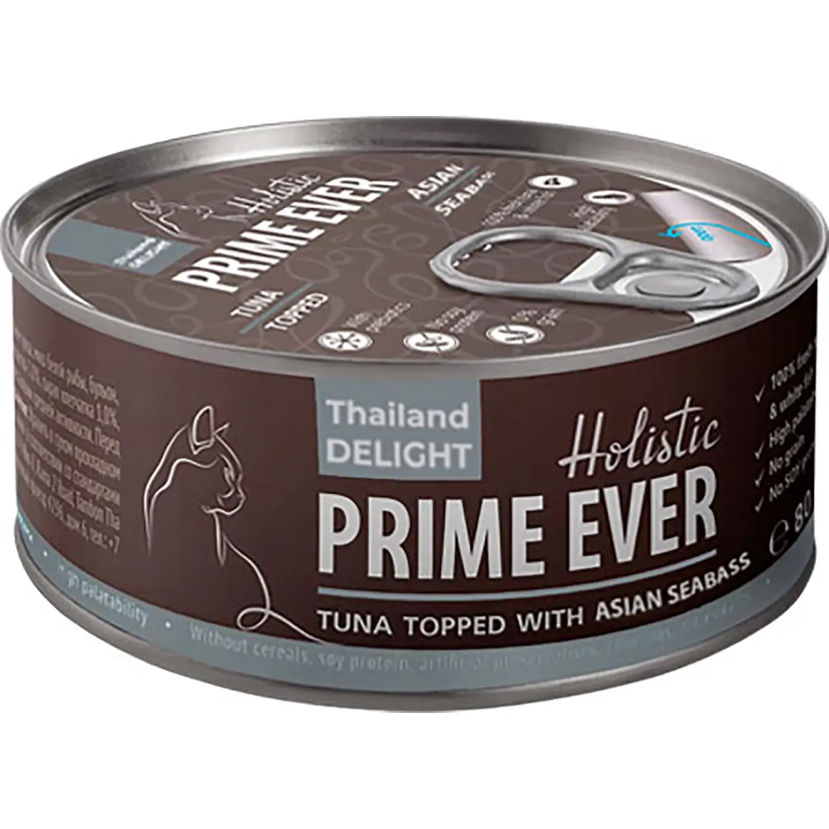 Консервы Prime Ever для кошек (Тунец с азиатским сибасом, жестяная банка, 80г)