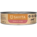 Консервированный корм Savita для котят и кошек (Цыпленок и креветка, жестяная банка, 100г)