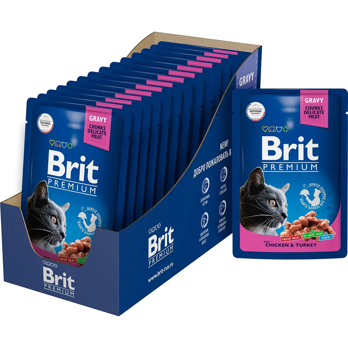 Консервированный корм Brit Premium для кошек (С цыпленком и индейкой в соусе, пауч, 14x85г)